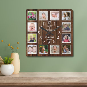 12 Photo Collage Family Name Personalised Wood Square Wall Clock