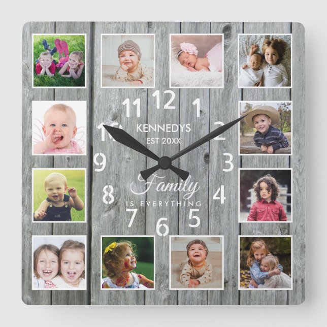 12 Photo Collage Family Name Quote Grey Wood   Square Wall Clock (Front)