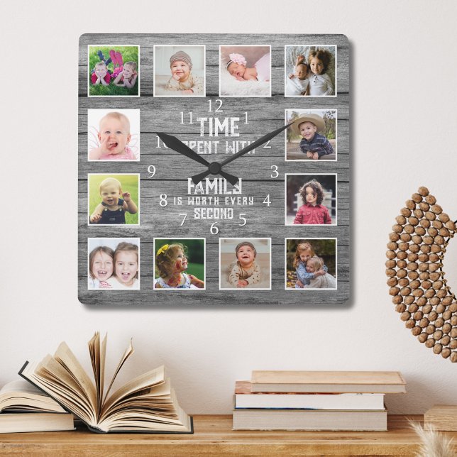 12 Photo Collage Family Quote Farmhouse Gray Wood Square Wall Clock (Creator Uploaded)