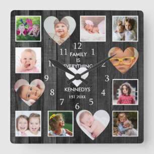 12 Photo Collage Family Quote Heart Black Wood Square Wall Clock