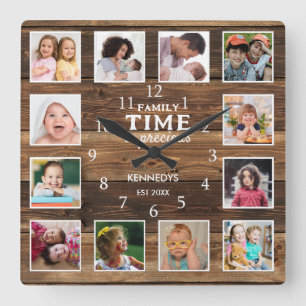 12 Photo Collage Family Time Quote Farmhouse Wood Square Wall Clock