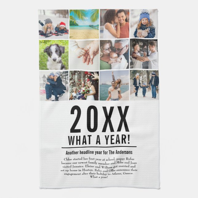 12 Photo Collage Family Year In Review Modern Tea Towel (Vertical)