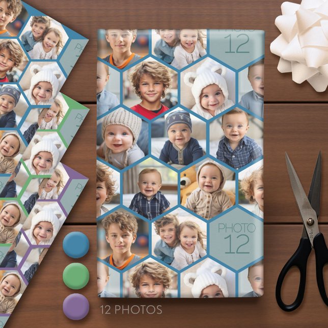 12 Photo Collage - funky hexagon honeycomb pattern Wrapping Paper Sheet (Custom Photo Wrapping Paper)