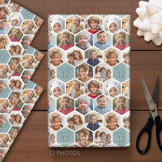 12 Photo Collage - funky hexagon honeycomb pattern Wrapping Paper Sheet