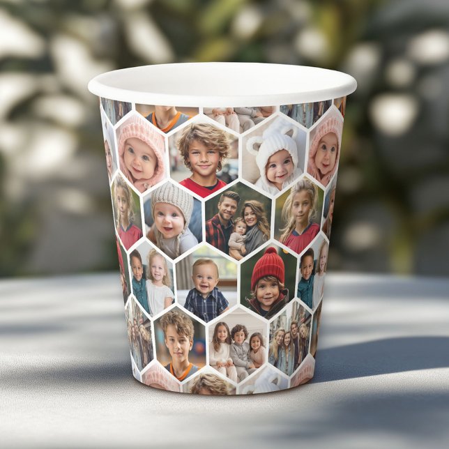 12 Photo Collage - funky hexagon pattern Paper Cups (Personalized Paper Cups)