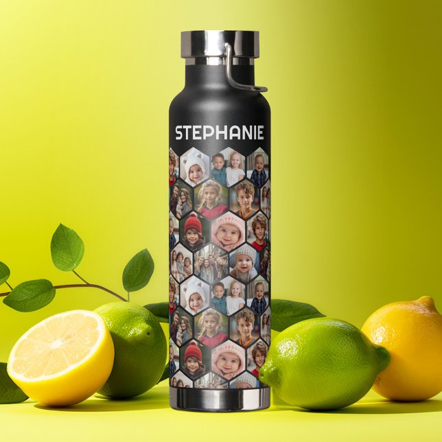 12 Photo Collage - funky hexagon - Random Pattern Water Bottle (Personalized water bottle with a photo pattern and custom name)