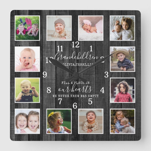 12 Photo Collage Grandchildren Quote Black Wood Square Wall Clock (Front)