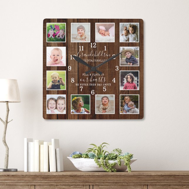 12 Photo Collage Grandchildren Quote Pallet Wood Square Wall Clock (Creator Uploaded)
