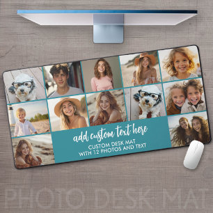 12 Photo Collage Grid - 2 Text boxes - black white Desk Mat