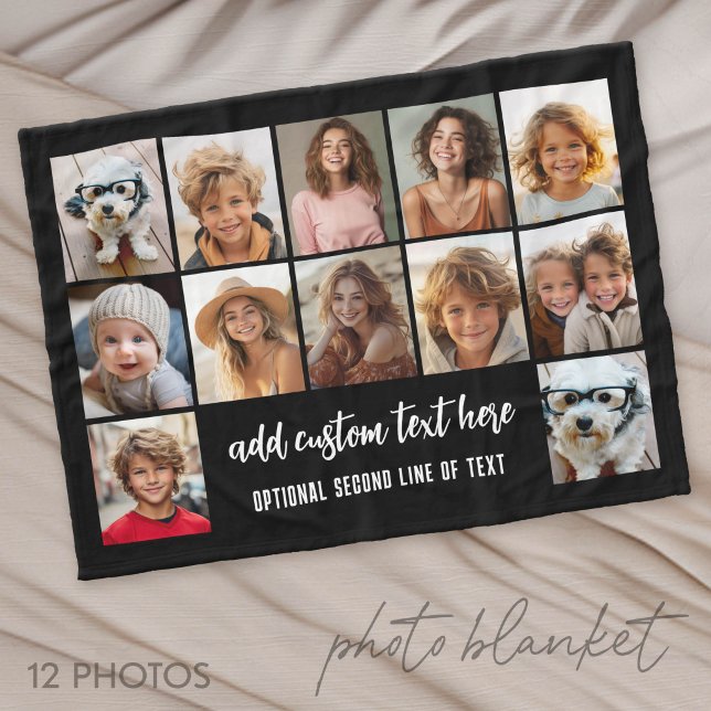 12 Photo Collage Grid - 2 Text boxes - black white Fleece Blanket (Photo Blanket - Personalize with Your Photos)