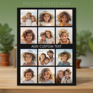 12 Photo Collage - Modern Grid Black White Text Postcard