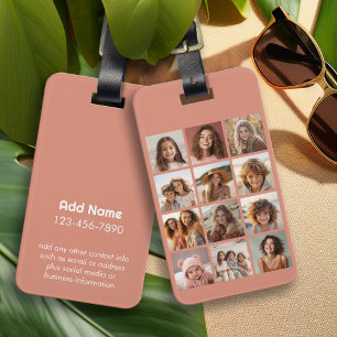 12 Photo Collage - Modern Grid with Custom Text Luggage Tag