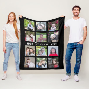 12 Photo Collage - Modern Minimal Black Background Fleece Blanket