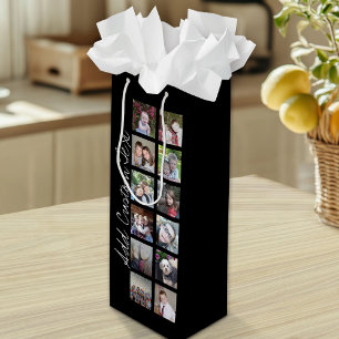 12 Photo Collage - Modern Minimal Black Background Wine Gift Bag