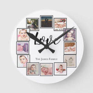 12 Photo Collage Personalised Black White Round Clock