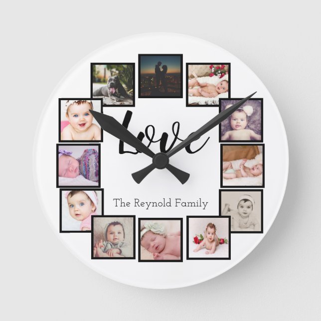 12 Photo Collage Personalised Black White Round Clock (Front)