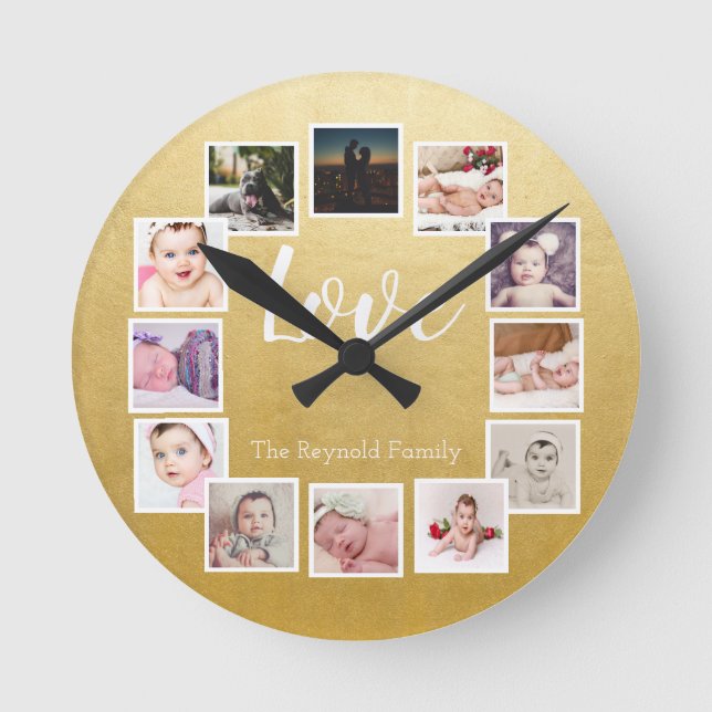 12 Photo Collage Personalised Gold Round Clock (Front)