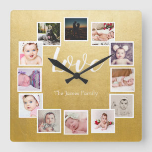 12 Photo Collage Personalised Gold Square Wall Clock