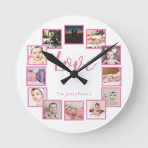 12 Photo Collage Personalised Pink White Round Clock