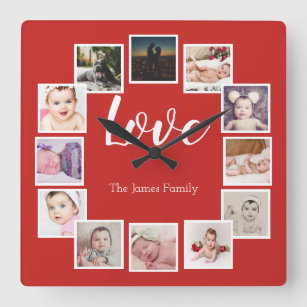 12 Photo Collage Personalised Red Square Wall Clock
