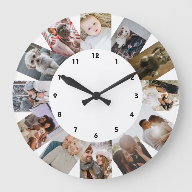 12 Photo Collage Personalized Black White Large Clock (Front)