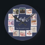 12 Photo Collage Personalized Blue Round Clock<br><div class="desc">12 Photo Collage Personalized Template blue wall clock .. simply add your own photographs and text to this great wall clock .. easy to personalize .. customizable photo template clock from Ricaso - perfect gift-ideas</div>