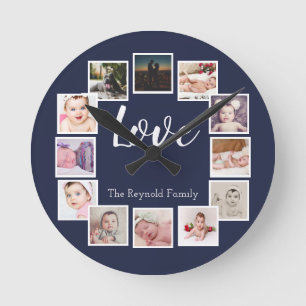 12 Photo Collage Personalized Blue Round Clock