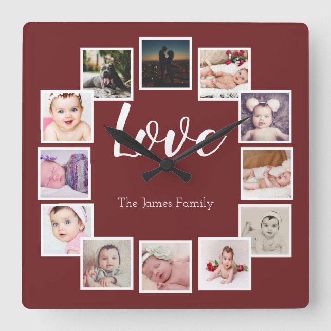 12 Photo Collage Personalized Burgundy Square Wall Clock (Front)