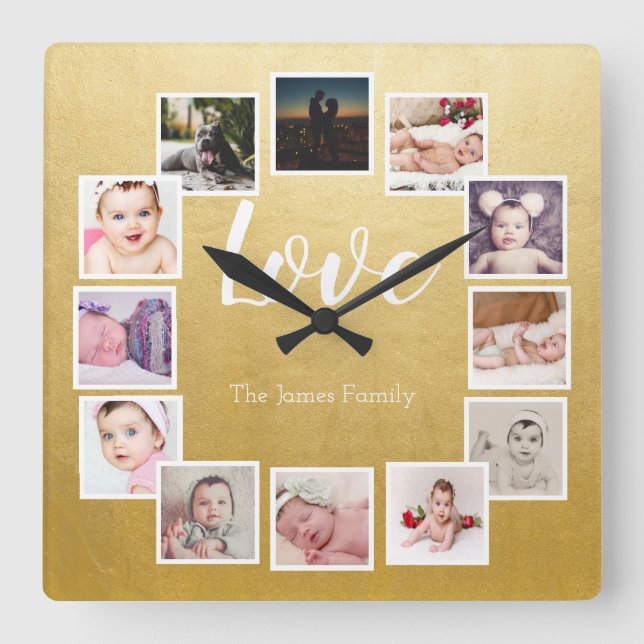12 Photo Collage Personalized Gold Square Wall Clock (Front)