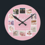 12 Photo Collage Personalized Pink Round Clock<br><div class="desc">12 Photo Collage Personalized Template pink wall clock .. simply add your own photographs and text to this great wall clock .. easy to personalize .. customizable photo template clock from Ricaso - perfect gift-ideas</div>