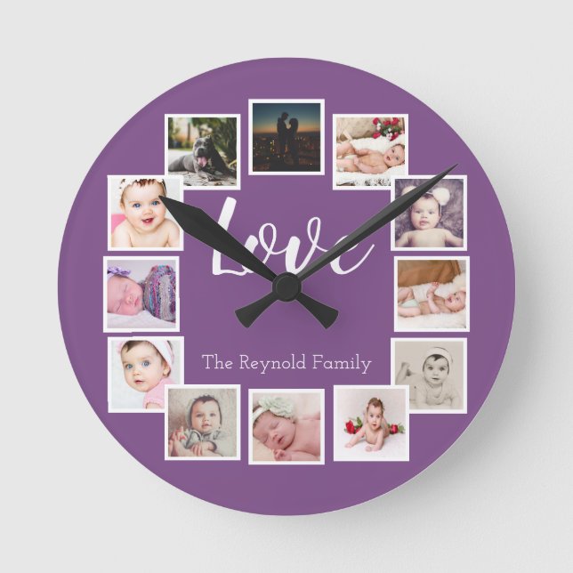 12 Photo Collage Personalized Purple Round Clock (Front)