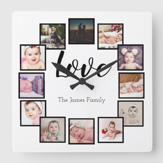 12 Photo Collage Personalized White Square Wall Clock (Front)