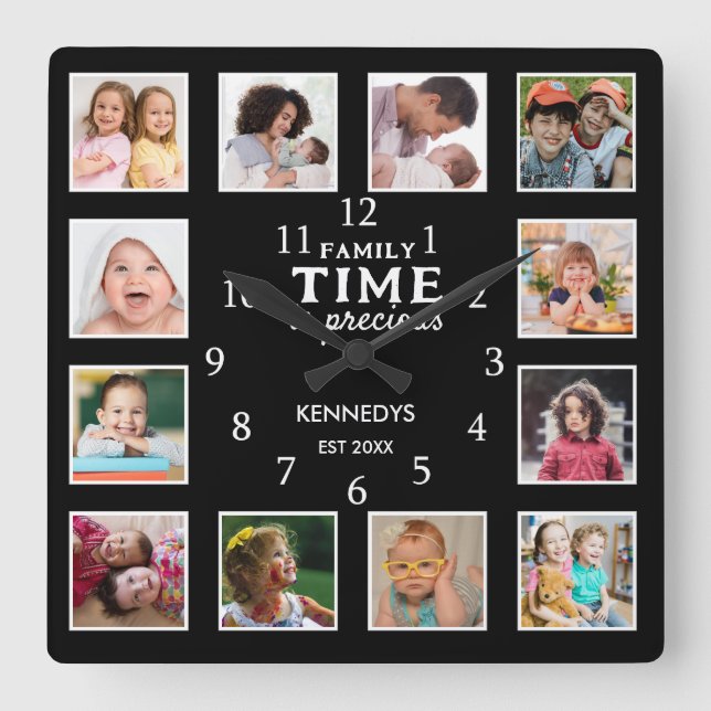12 Photo Collage Picture Frame Family Quote Black Square Wall Clock (Front)