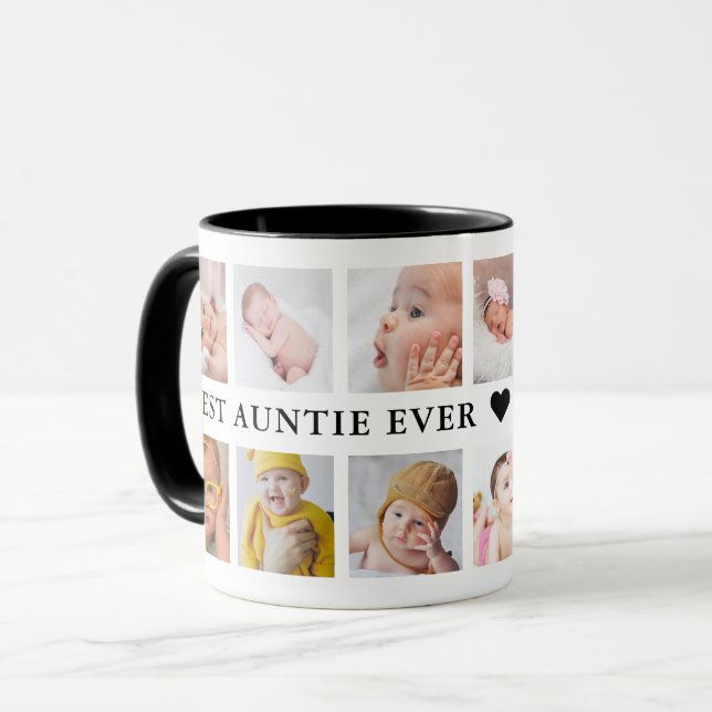 12 Photo Collage Pink Best Auntie Ever Black White Mug (Front Left)