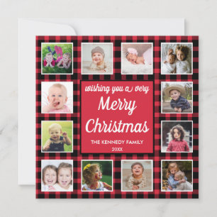 12 Photo Collage Red Buffalo Plaid Merry Christmas Holiday Card