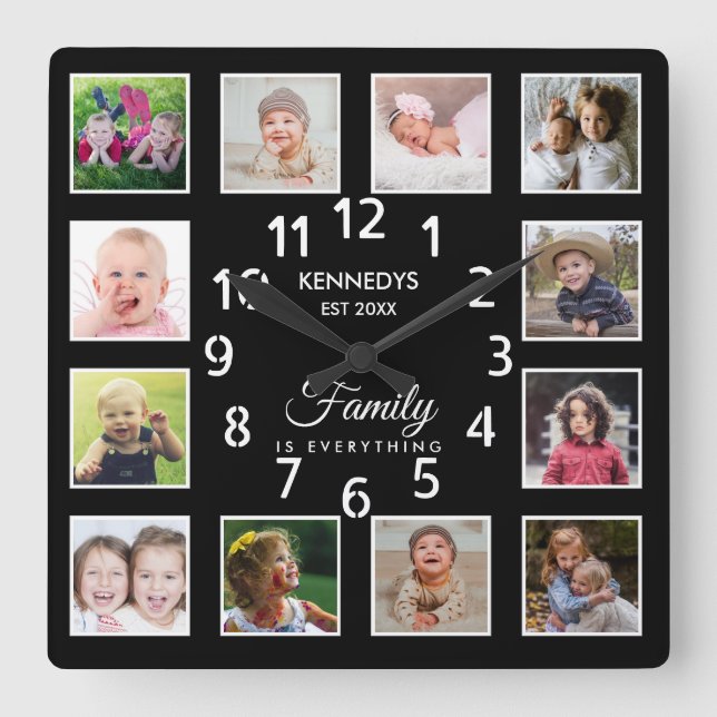 12 Photo Collage Template Family Name Quote Black Square Wall Clock (Front)