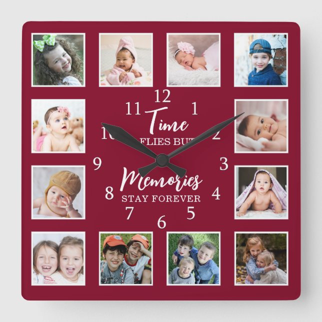 12 Photo Collage Time Flies Memories Stay Burgundy Square Wall Clock (Front)