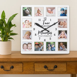 12 Photo Collage Time Flies Memories Stay Quote   Square Wall Clock