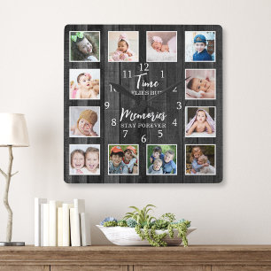 12 Photo Collage Time Memories Quote Black Wood Square Wall Clock