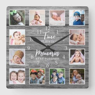 12 Photo Collage Time Memories Quote Grey Wood Square Wall Clock