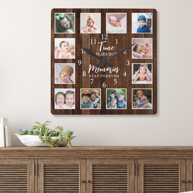 12 Photo Collage Time Memories Quote Pallet Wood Square Wall Clock (Creator Uploaded)