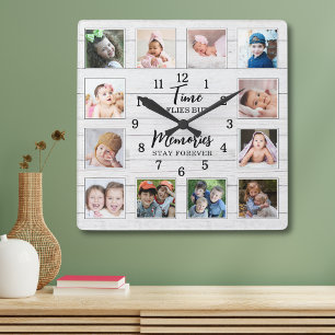 12 Photo Collage Time Memories Quote White Wood Square Wall Clock