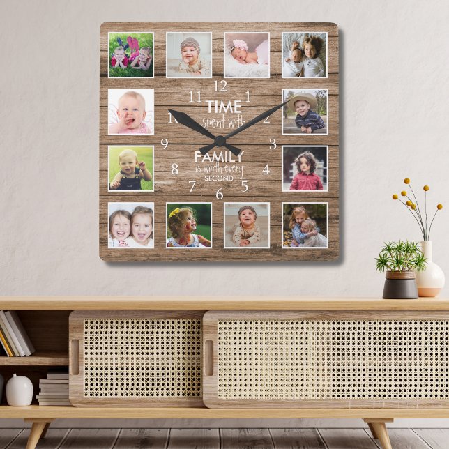 12 Photo Collage Time Spent With Family Quote Wood Square Wall Clock (Creator Uploaded)