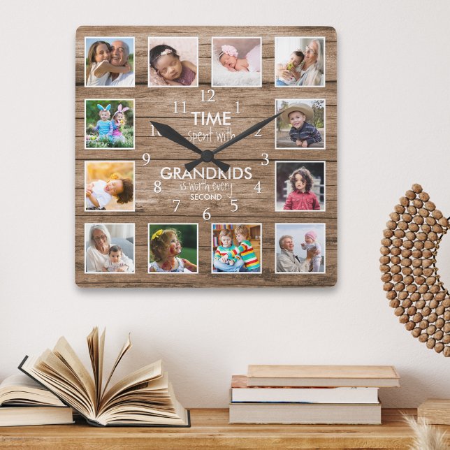 12 Photo Collage Time Spent With Grandkids Quote   Square Wall Clock (12 Photo Collage Time Spent With Grandkids Quote Square Wall Clock
)