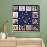 12 Photo Collage Time With Family Quote Blue Gold Square Wall Clock<br><div class="desc">Custom photo clock with the inspiring family quote "Time spent with family is worth every second”. Personalise with 12 of your favourite family photos.</div>
