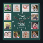 12 Photo Collage Time With Family Quote Green Square Wall Clock<br><div class="desc">Custom photo clock in emerald green with the inspiring family quote "Time spent with family is worth every second”. Personalize with 12 of your favorite family photos.</div>