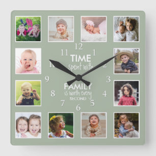 12 Photo Collage Time With Family Quote Sage Green Square Wall Clock