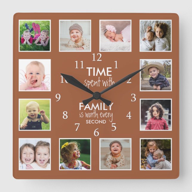 12 Photo Collage Time With Family Quote Terracotta Square Wall Clock (Front)