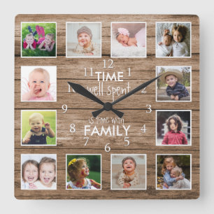 12 Photo Collage Time With Family Quote Wood Square Wall Clock
