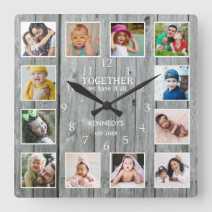 12 Photo Collage Together Family Quote Grey Wood Square Wall Clock